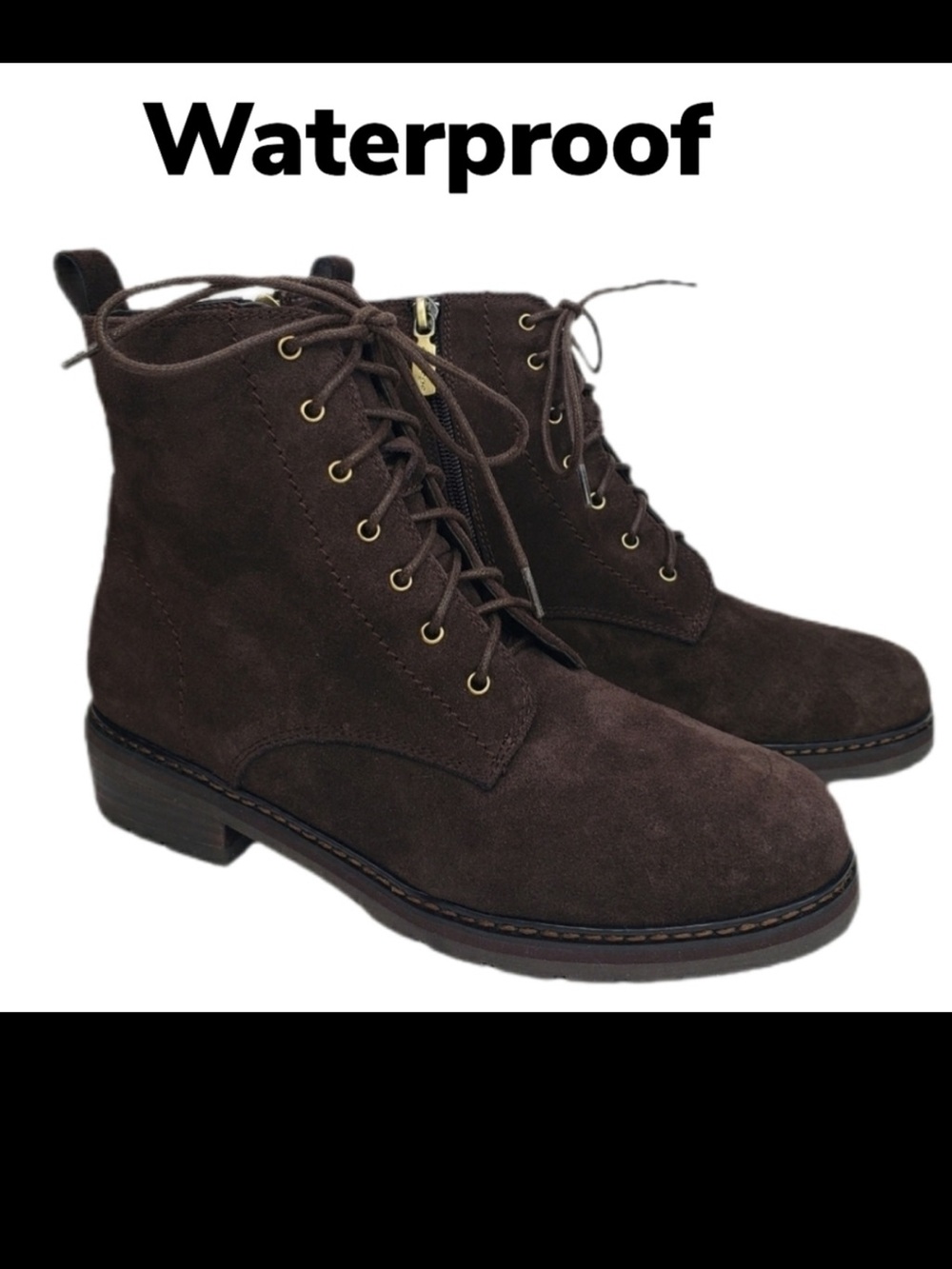 Aqua College Dark Brown Suede Waterproof Combat Lace & Zip Winter Boots Sz 7M